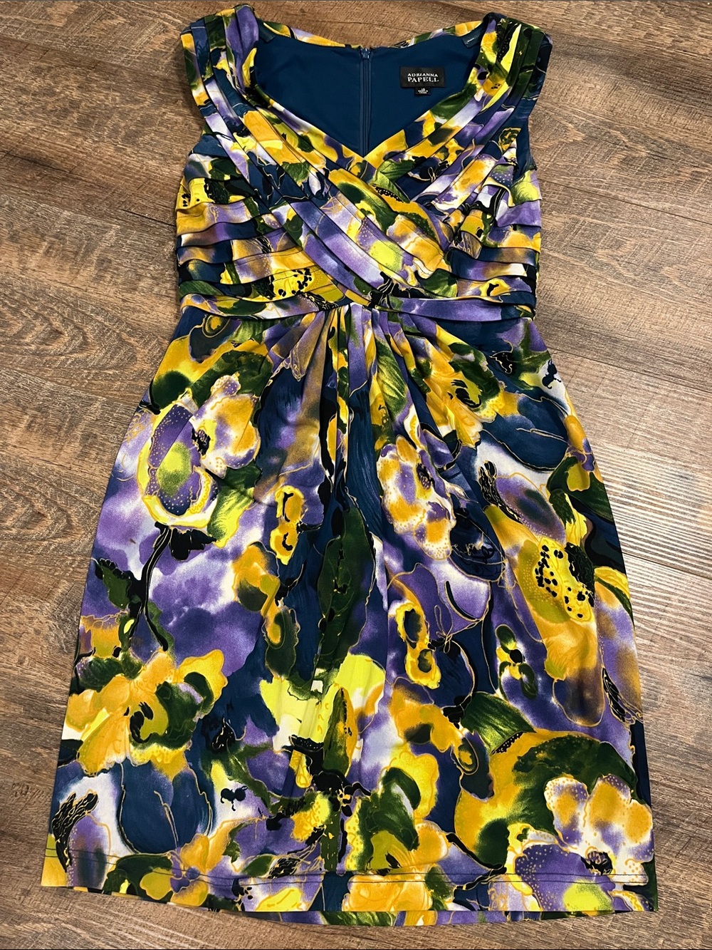 Adrianna Papell Navy, Purple & Yellow Floral Wrap-Style Midi Dress